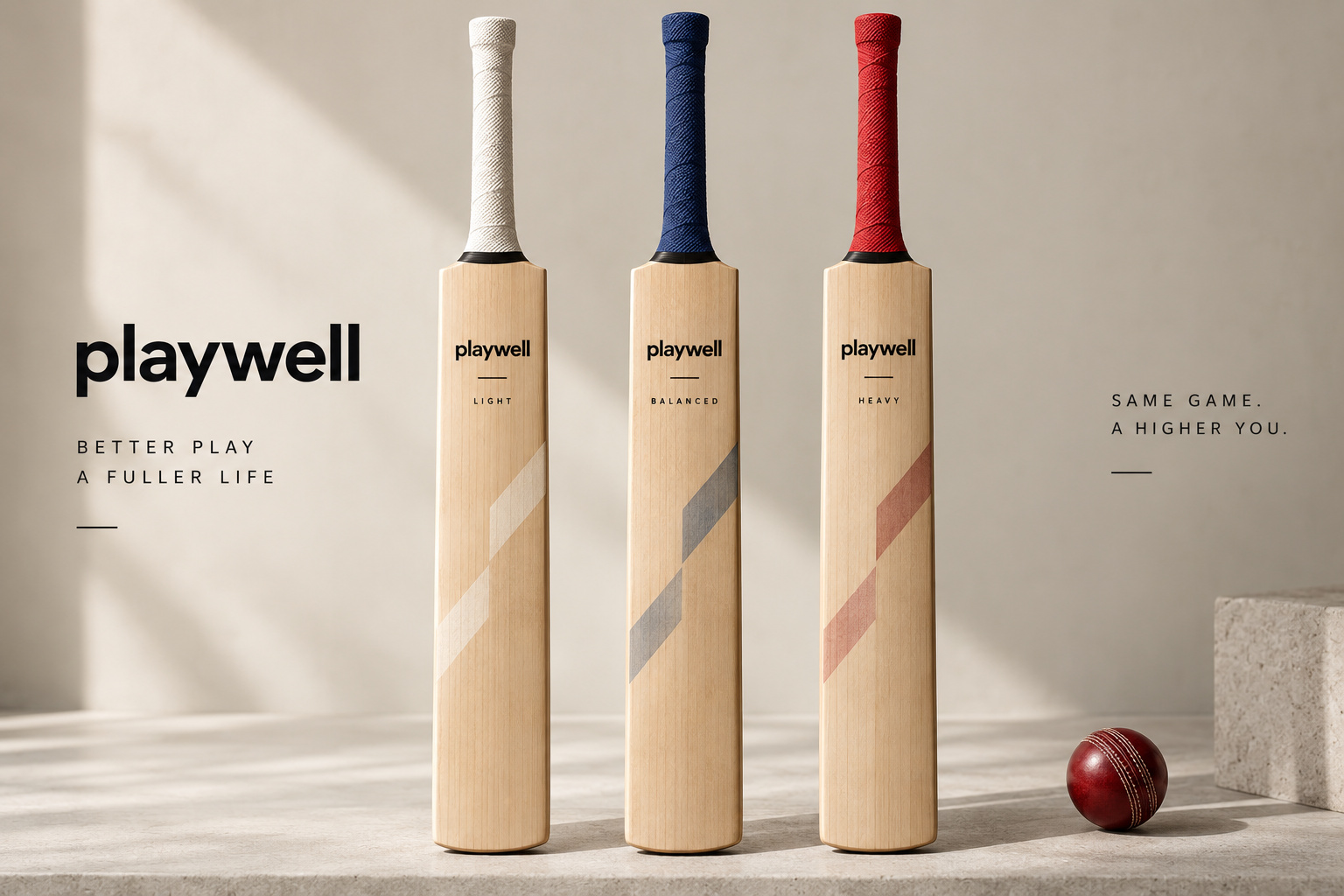 Three Playwell cricket bats with white, blue and red grips, each labelled Light, Balanced and Heavy, standing beside a cricket ball